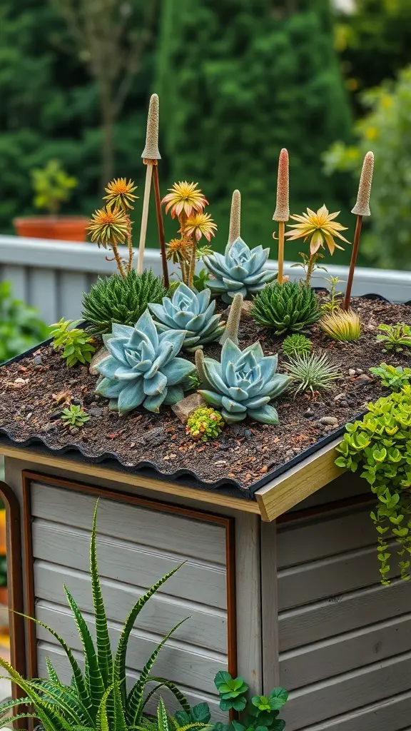 21+ Stunning Shed Landscaping Ideas to Transform Your Garden 10 A shed with a roof garden featuring various succulents and plants.
