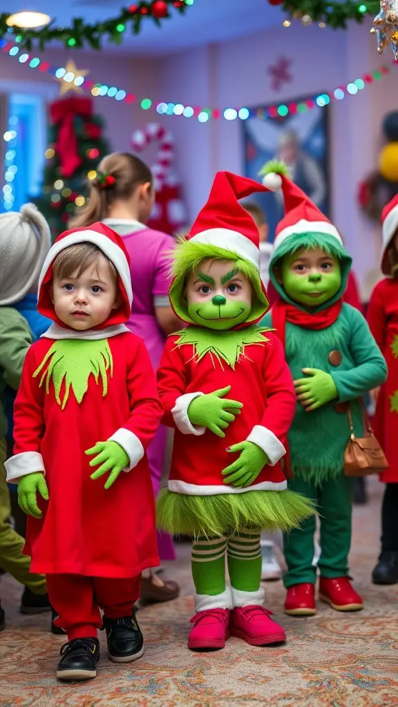 29+ Creative Dollar Tree Grinch Ideas to Spread Holiday Cheer 13 Kids dressed in Grinch costumes with festive decorations
