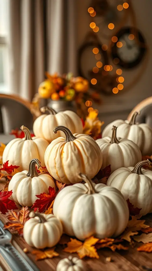 Chic arrangement of white pumpkins and autumn leaves on a wooden table