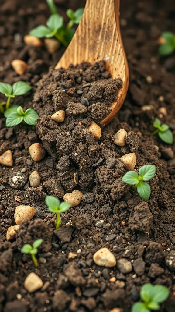 Close-up of soil with small plants and a wooden spoon