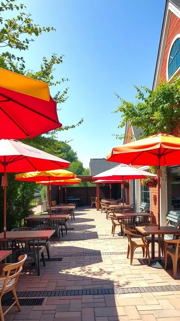 A patio with colorful red and yellow umbrellas providing shade over wooden tables.