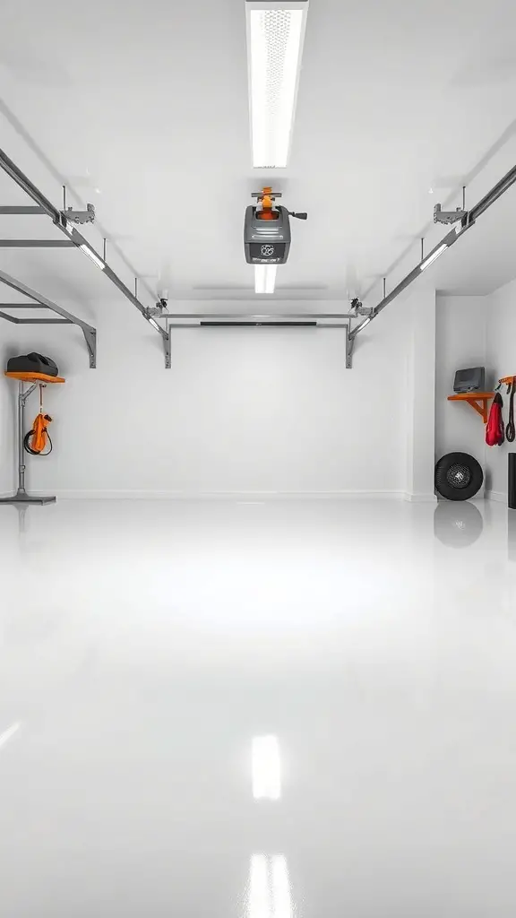 A modern garage with a high-gloss white epoxy floor finish, showcasing a clean and bright space.