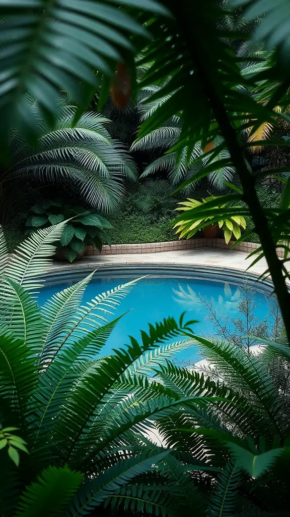A tropical pool surrounded by lush ferns and exotic foliage