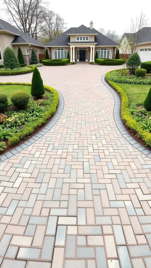 A circle driveway made of pavers, surrounded by well-maintained landscaping.