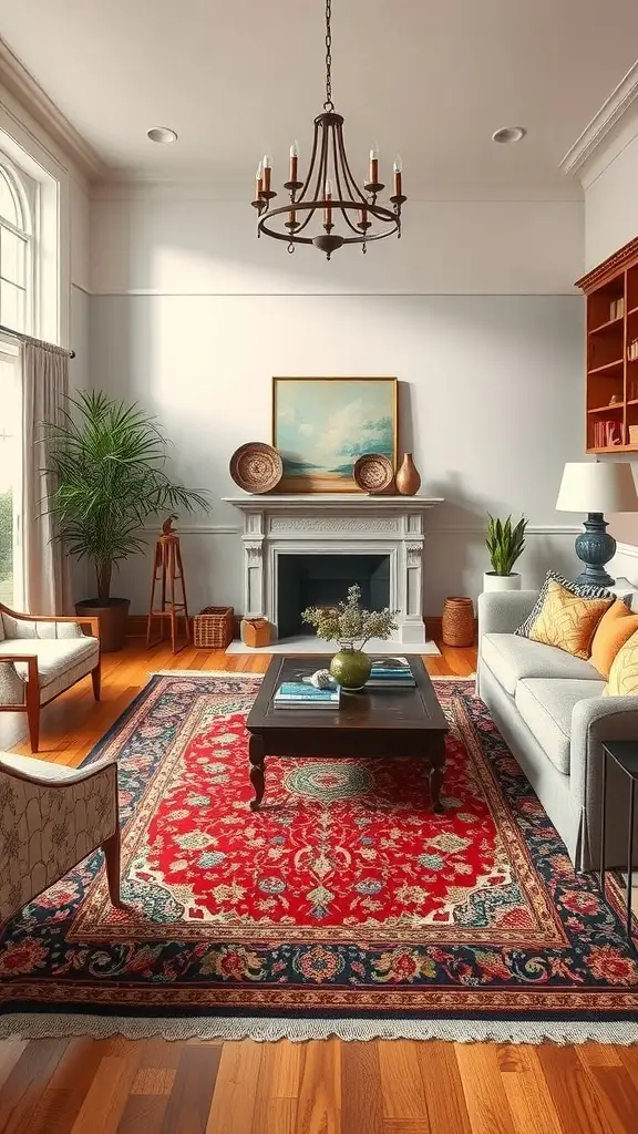 A living room featuring a traditional Oriental rug with rich colors, elegant furniture, and warm wooden flooring.