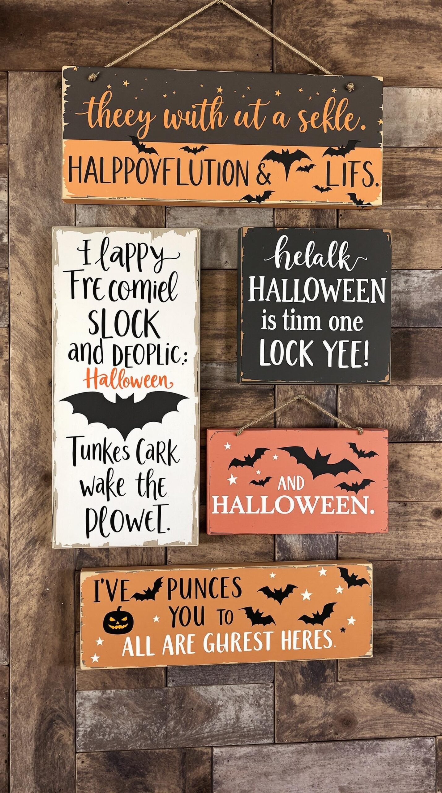 A collection of wooden farmhouse signs with Halloween quotes