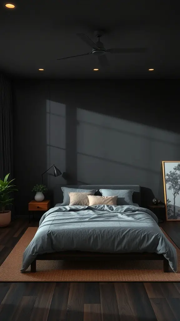 A dark modern bedroom featuring a central bed with gray bedding, a nightstand with a lamp, and a large window casting shadows.