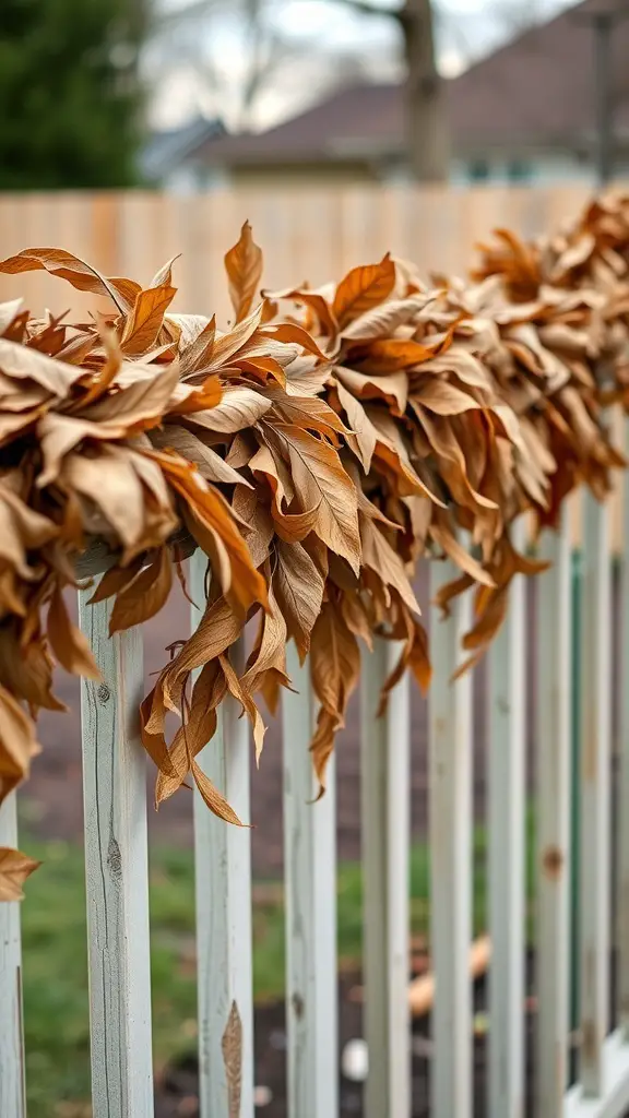 29+ Creative Fall Outdoor Decor Ideas to Transform Your Space 18 A garland made of dried leaves hanging on a fence.