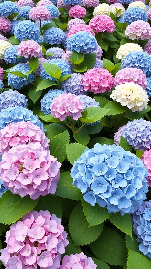 21+ Stunning Lavender and Hydrangea Landscaping Ideas to Transform Your Garden 4 A vibrant display of blue, pink, and white hydrangeas in full bloom