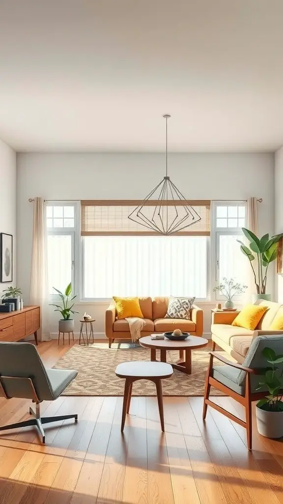 Mid-century modern living room featuring iconic furniture pieces with warm colors and natural elements.