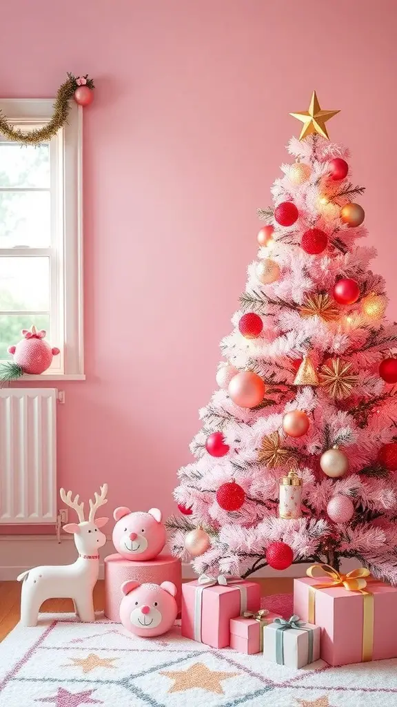 31+ Pink Christmas Tree Ideas to Brighten Your Holiday Décor 20 A pink Christmas tree decorated with ornaments, surrounded by gifts and festive decorations.