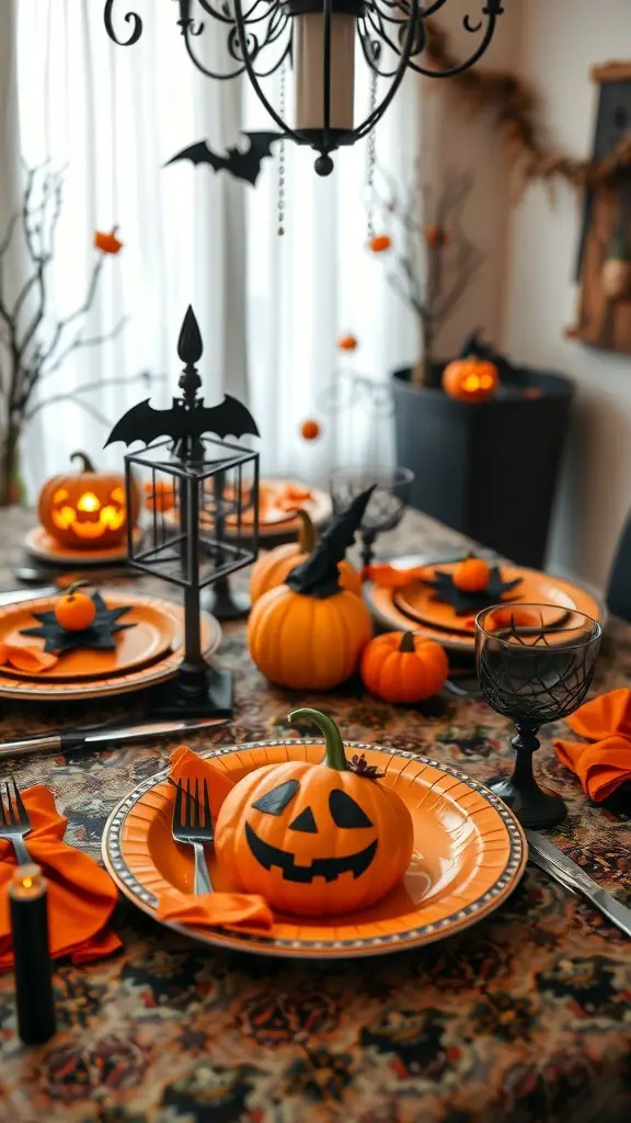 25+ Spooktacular Dollar Tree Halloween Decor Ideas Under $25 3 A Halloween-themed table setting with pumpkins, black lanterns, and orange plates.