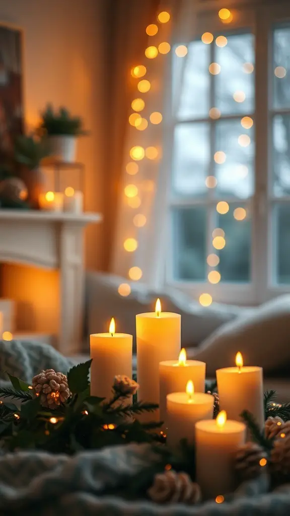 21+ Cozy Fall Mood Board Ideas for the Ultimate Autumn Vibe 9 A cozy setup with white candles, pinecones, and warm lights creating a fall atmosphere.