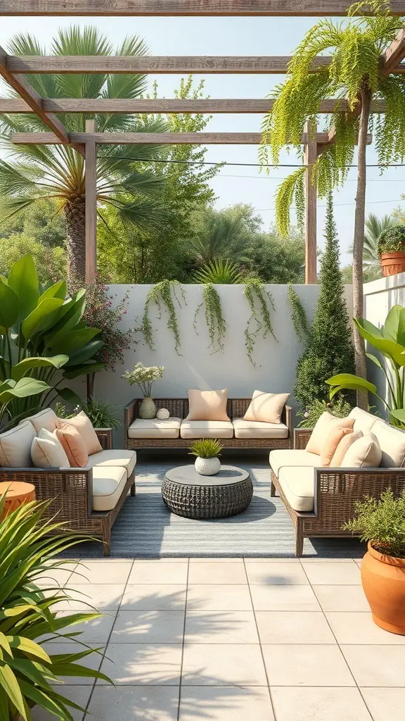 A cozy garden relaxation zone with comfortable seating, lush plants, and a pergola.