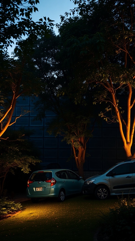 21+ Stunning Full Shade Landscaping Ideas for Your Garden 15 A serene garden scene at dusk with two parked cars and illuminated trees.