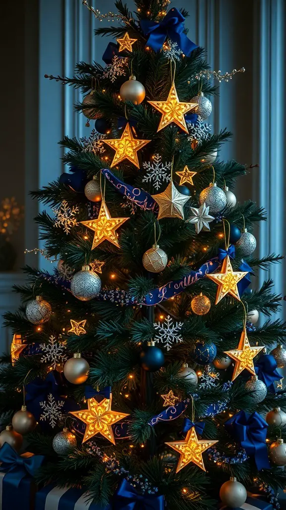 A beautifully decorated Christmas tree with a Starry Night theme, featuring blue ribbons, golden and silver ornaments, and illuminated stars.
