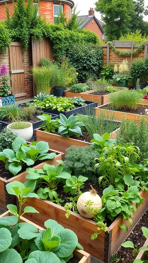 29+ Inspiring London Garden Ideas for Your Urban Oasis 8 A lush edible garden featuring raised wooden beds filled with various herbs and vegetables.