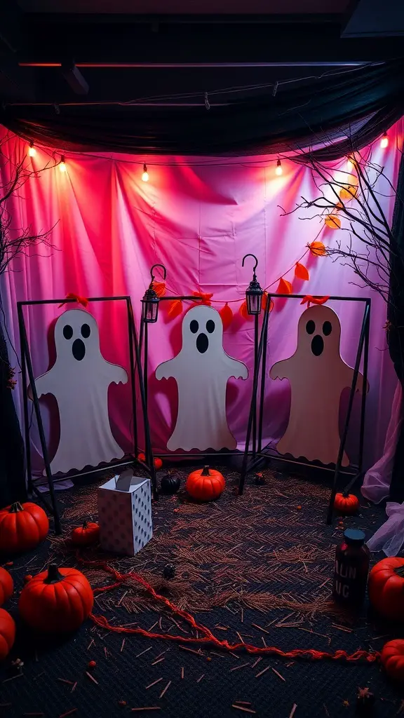 19+ Exciting Halloween Carnival Games for Spooktacular Fun 2 A Halloween-themed bean bag toss game featuring ghost cutouts, pumpkins, and festive decorations.