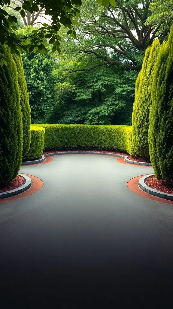 A circle driveway surrounded by tall green hedges, creating a private and inviting entrance.