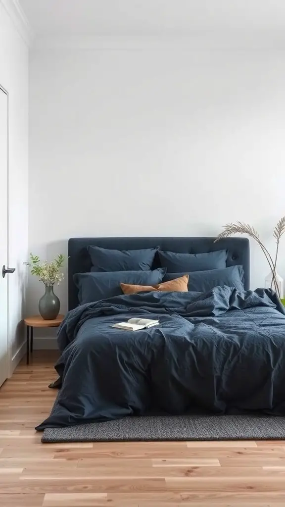 37+ Stunning Dark Blue Bedroom Ideas for a Cozy Retreat 10 A dark blue bedroom featuring layered textiles, including navy bedding, pillows, and a textured rug.