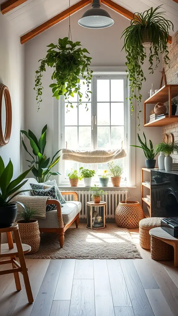 25+ Stunning Items to Achieve a Stockholm-Style Room Makeover 8 A cozy room decorated with various plants, wooden furniture, and natural light.