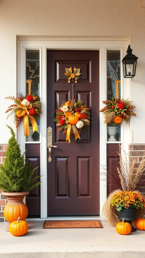 A decorated front door with autumn wreaths, pumpkins, and plants.
