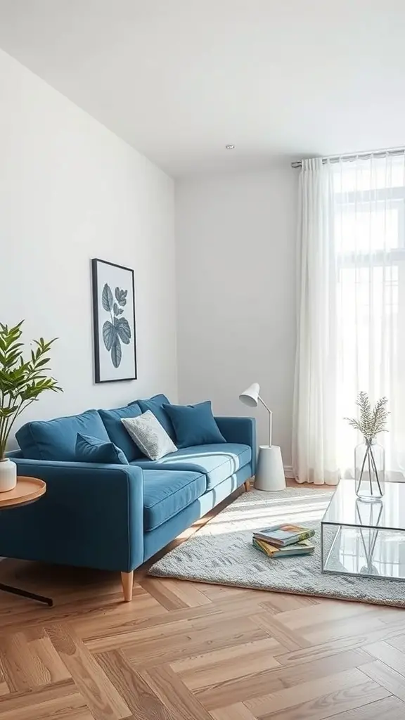 A cozy living room featuring a blue sofa, light walls, wooden flooring, and decorative elements.