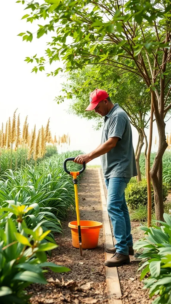 A person tending to a zeroscape garden with a shovel and bucket.