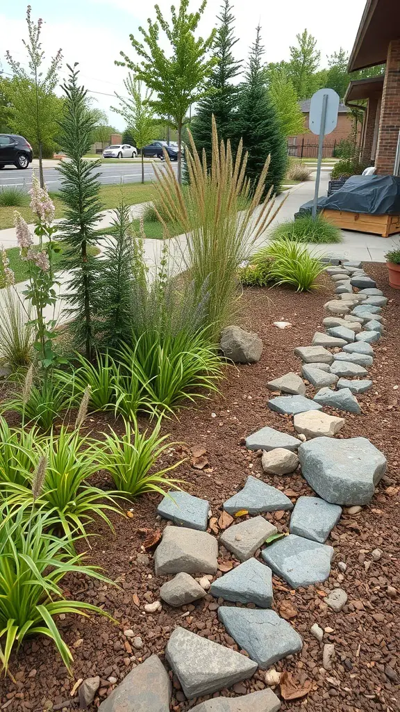 A rain garden with various plants and stones, designed for efficient water management.