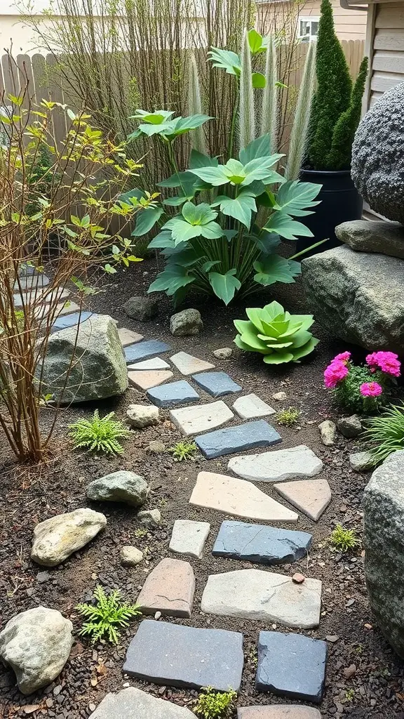 29+ Inspiring Small Urban Garden Design Ideas You’ll Love 16 A small urban garden with a stone pathway surrounded by various plants and rocks.