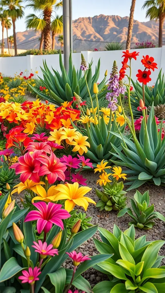 Vibrant garden with colorful flowers and succulents in Palm Springs