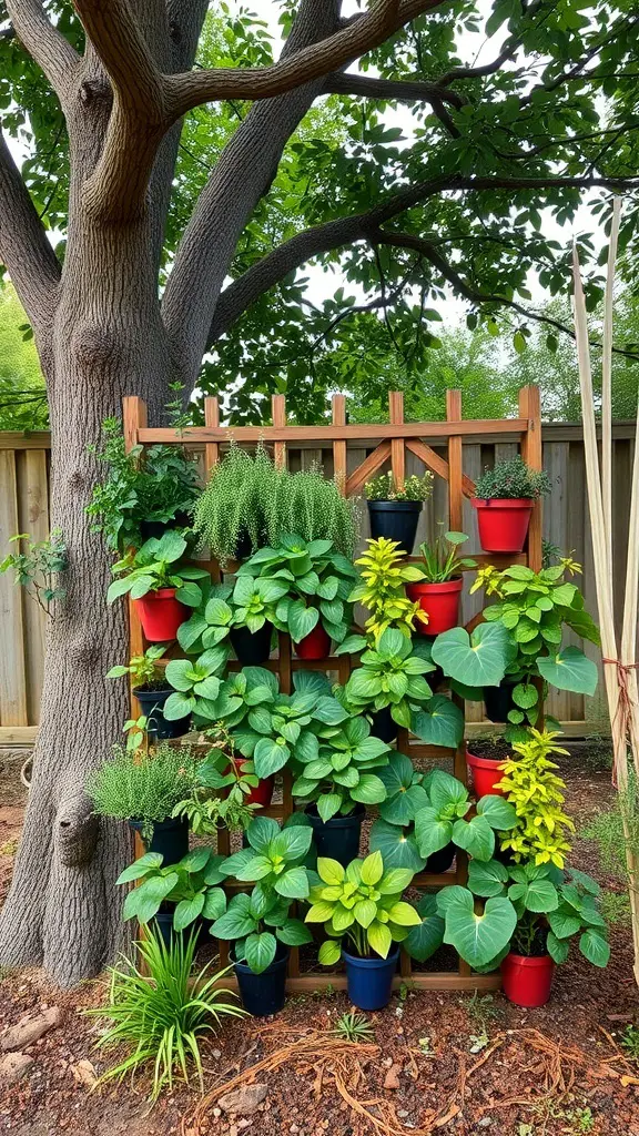 Vertical garden with colorful pots against a tree trunk