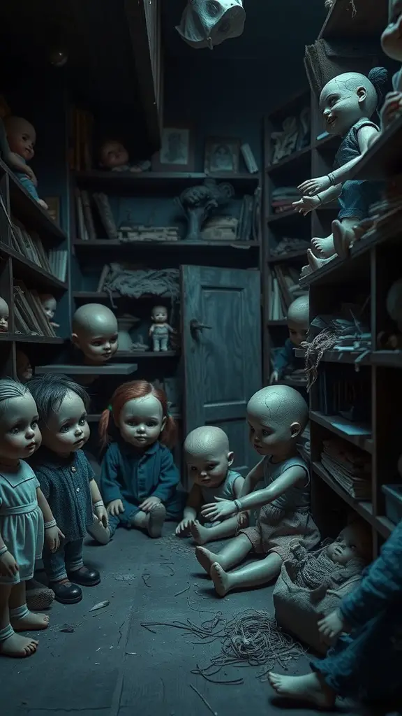 31+ Spooktacular Haunted House Ideas for Your Halloween Festival 14 A dimly lit room filled with various dolls on shelves, creating a creepy atmosphere.
