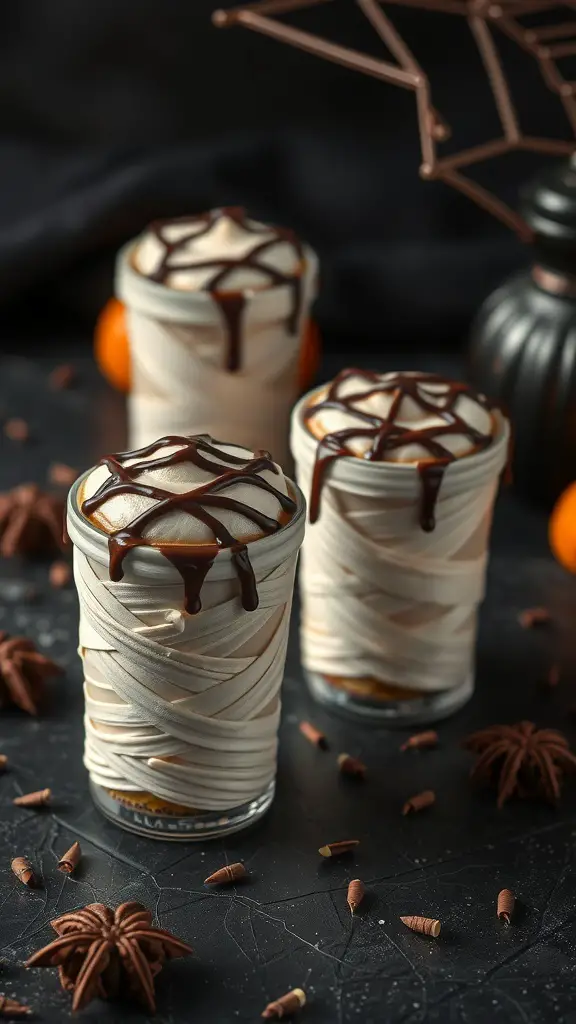 23+ Spooktacular Halloween Coffee Bar Ideas for a Festive Fall Celebration 2 Three mummy cappuccinos decorated with white strips and chocolate drizzle