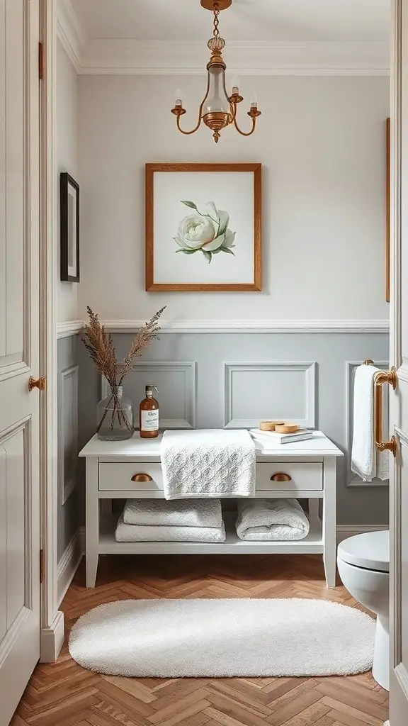 A stylish bathroom with a storage bench holding towels and decorative items.
