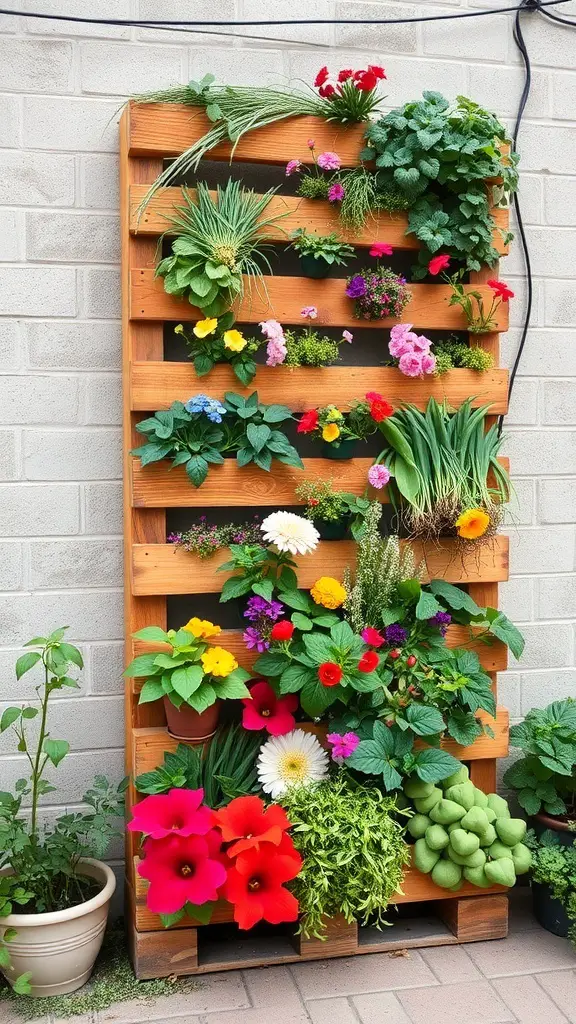 21+ Budget-Friendly Garden Ideas to Transform Your Outdoor Space 11 A vertical garden made from a wooden pallet, filled with colorful flowers and greenery.