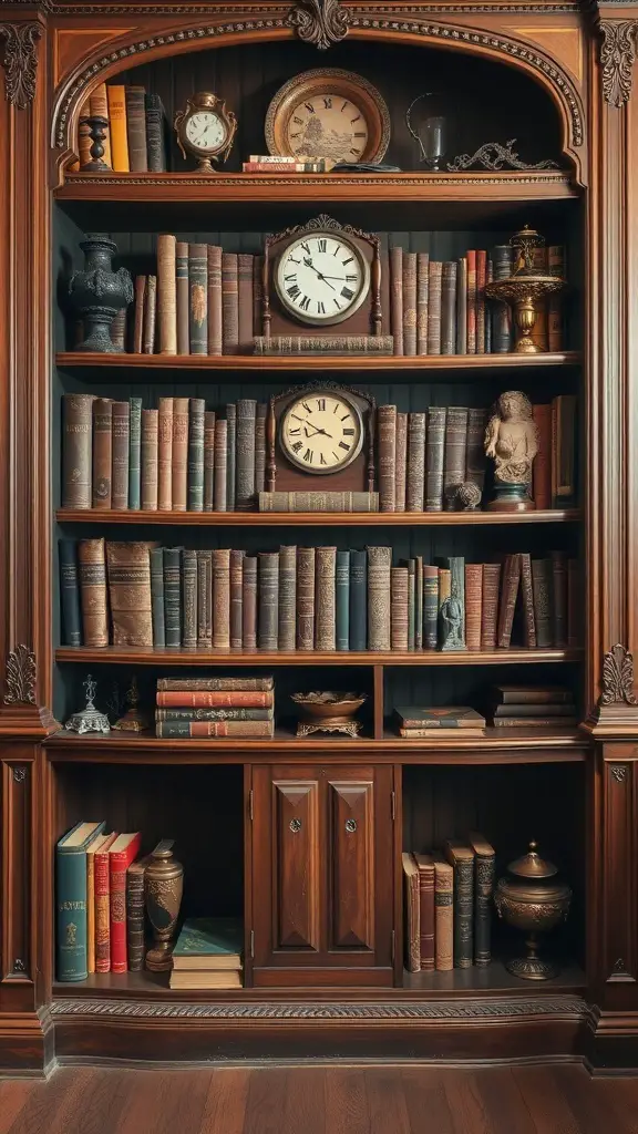 35+ Essential Dark Academia Decor Ideas for a Cozy Aesthetic 3 A vintage wooden bookshelf filled with books, clocks, and decorative items.