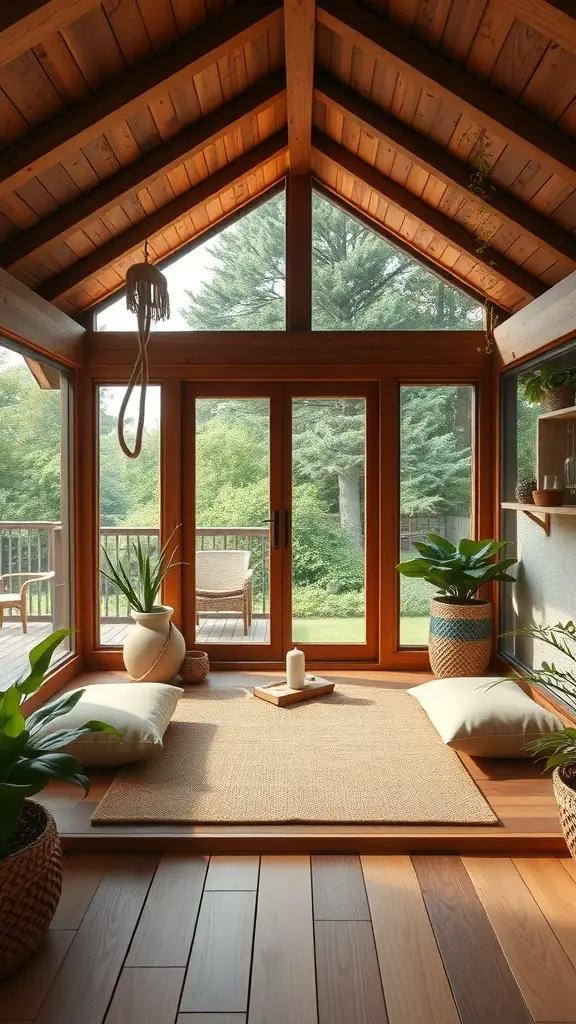 A cozy meditation space in a garden cabin with wooden interiors, large windows, cushions, and plants.