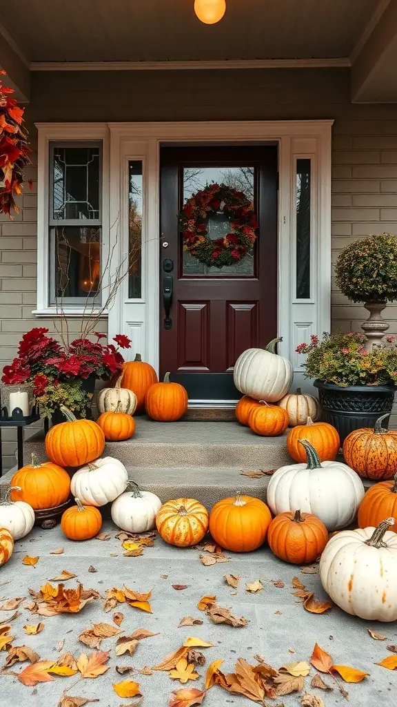 A front porch decorated with various pumpkins and autumn leaves, featuring a wreath on the door.