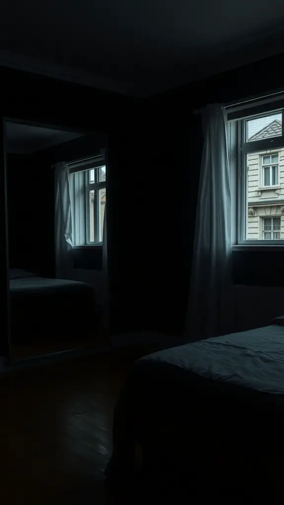 A dark boho bedroom with a large mirror reflecting light from a window.