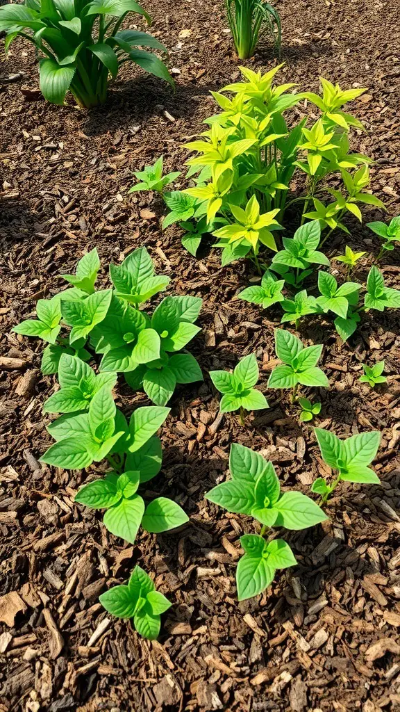A garden bed with green plants surrounded by brown mulch.
