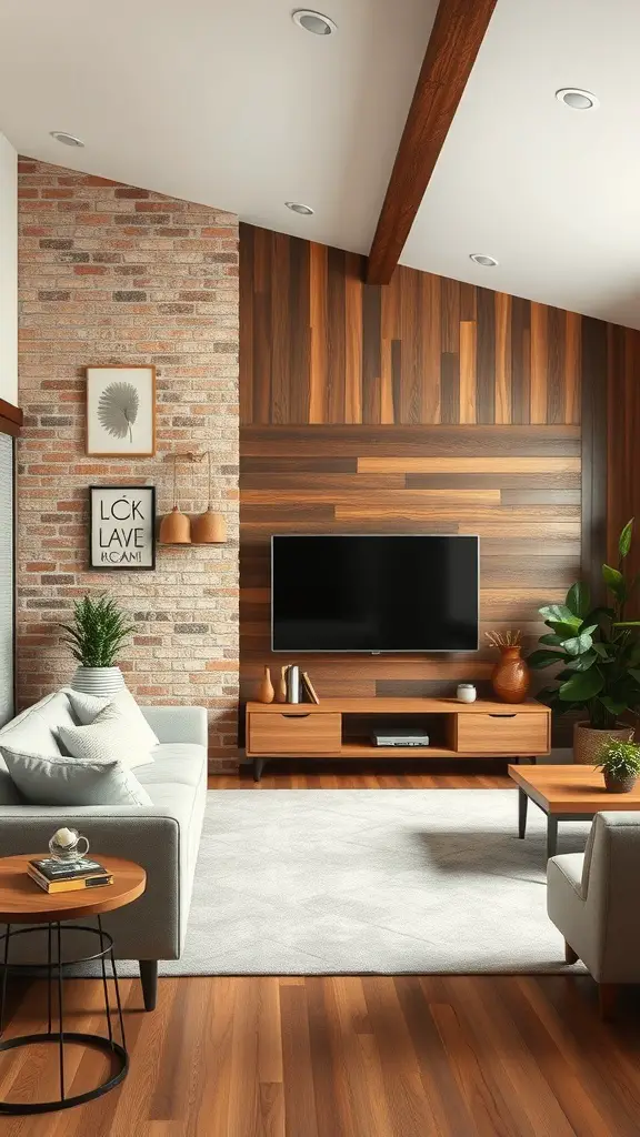A modern living room featuring textured wall treatments with brick and wood elements.