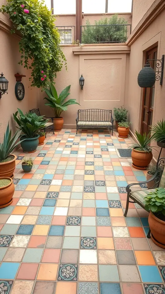 Colorful mosaic patio with potted plants and seating area