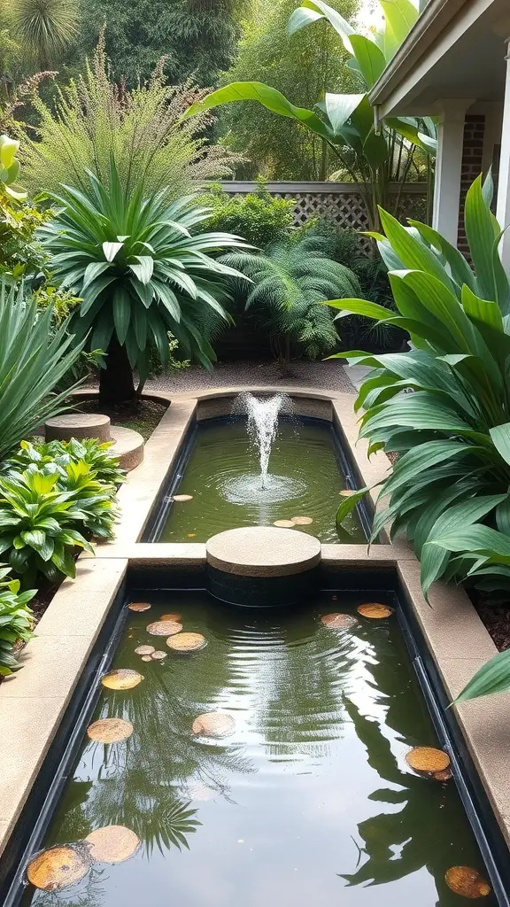 27+ Creative Long Narrow Backyard Ideas for Your Outdoor Space 9 A tranquil narrow backyard with a water feature surrounded by lush greenery.
