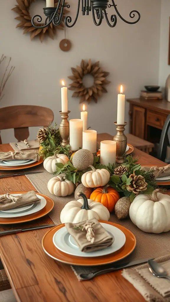 25+ Stunning Fall Dining Table Decor Ideas You Need to Try 11 A rustic fall dining table centerpiece with pumpkins, candles, and greenery.