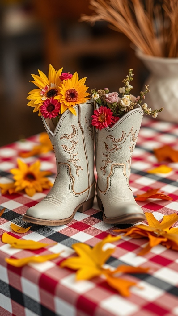 25+ Creative Cowboy Boot Centerpieces for Your Next Event 8 Mini cowboy boots filled with flowers on a checkered tablecloth with autumn leaves.