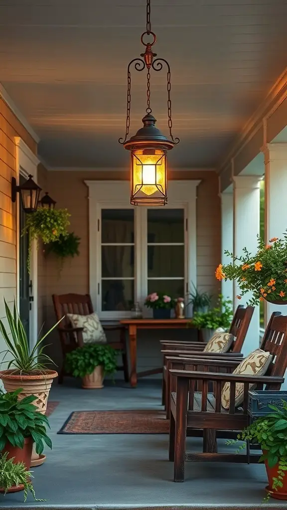 25+ Creative Front Porch Lighting Ideas to Brighten Your Home 13 A vintage lantern hanging from a porch ceiling, illuminating a cozy seating area with wooden chairs and potted plants.