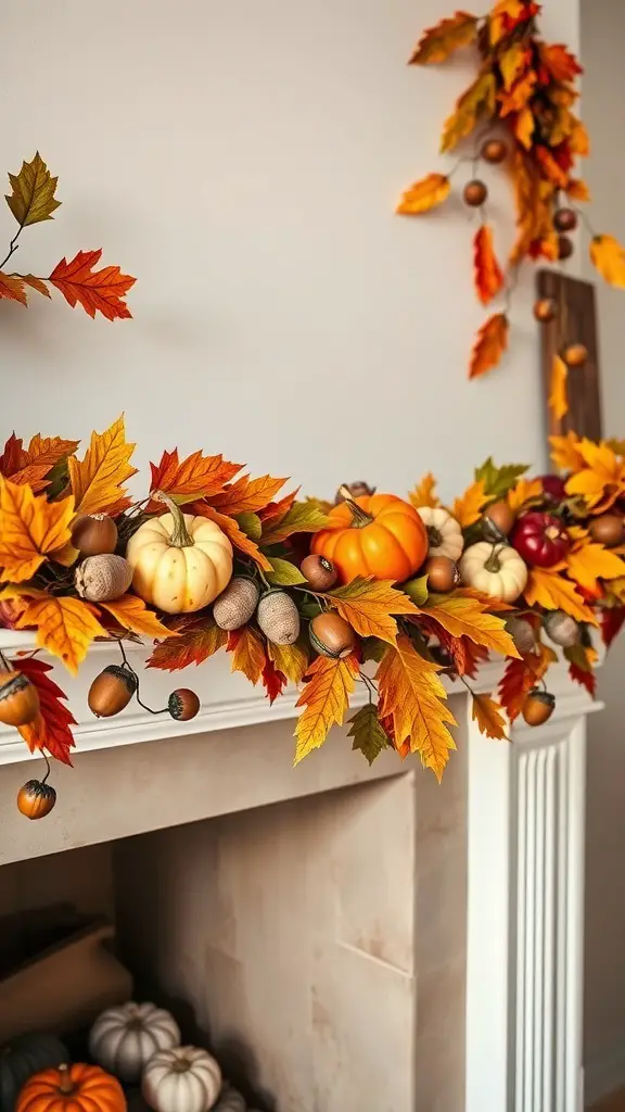 A Thanksgiving-themed garland with autumn leaves, pumpkins, and acorns on a fireplace mantel.