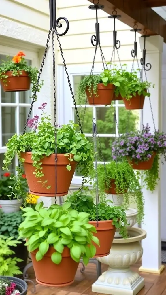 Hanging planters with various herbs on a cottage patio