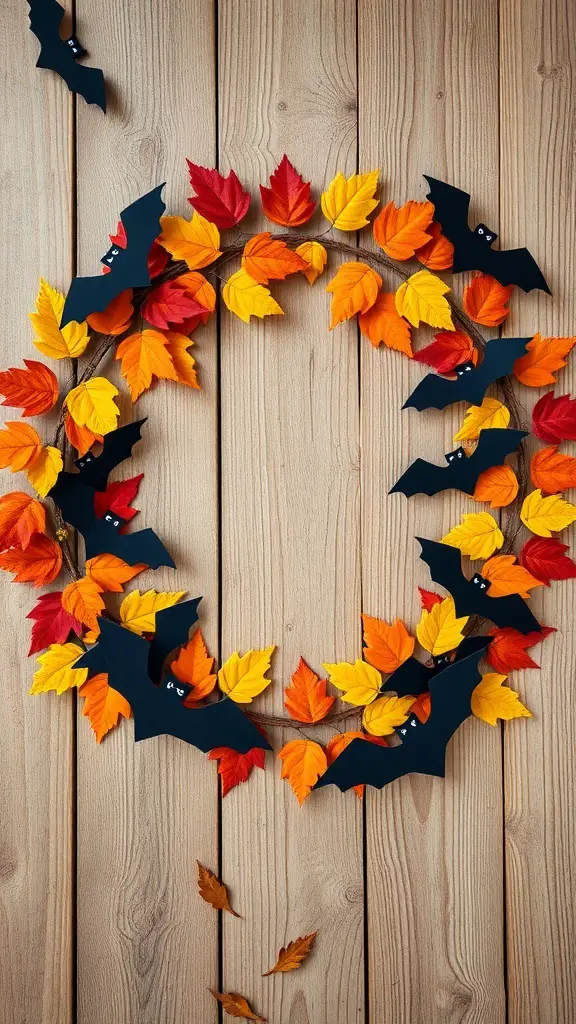 27+ Spooktacular Halloween Wreath Ideas to Enhance Your Decor 14 A wreath made of autumn leaves and black bats on a wooden background.